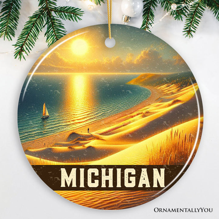 Scenic Michigan Sleeping Bear Dunes Ornament, Great Lakes Sunset Gift and Coastal Christmas Souvenir