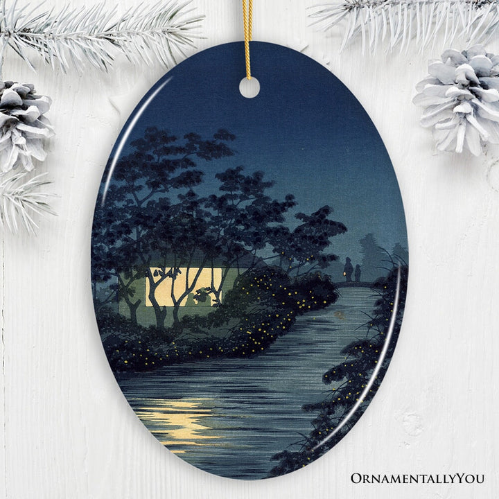 Semi-Traditional Japanese Painting Ornament, Kiyochika Kobayashi Fireflies on the Kinu River Ceramic Ornament OrnamentallyYou Oval