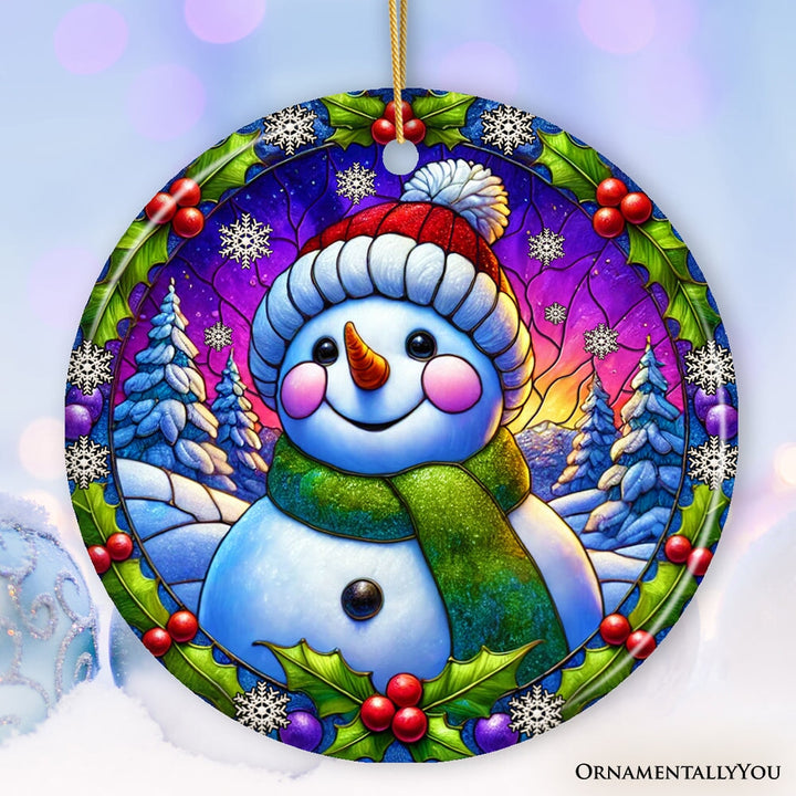 Snowman with Holly Stained Glass Style Ceramic Ornament, Christmas Gift and Decor Ceramic Ornament OrnamentallyYou Circle