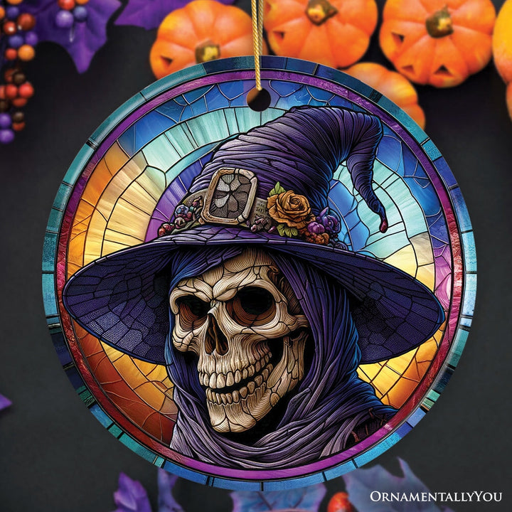 Witchy Grin Skull with Hat and Scarf Stained Glass Style Ceramic Ornament, Halloween Themed Christmas Gift and Decor Ceramic Ornament OrnamentallyYou Circle