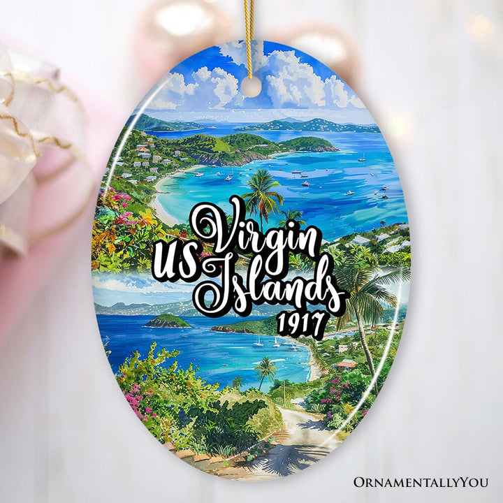 Artistic US Virgin Islands Ornament, Tropical Beach Paradise in Atlantic Ocean Christmas Souvenir Ceramic Ornament OrnamentallyYou Oval