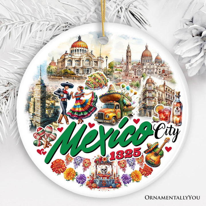 Colorful Traditional Mexico City Christmas Ornament, Cultural Mexican Christmas Gift and Travel Souvenir Ceramic Ornament OrnamentallyYou Circle Version 2