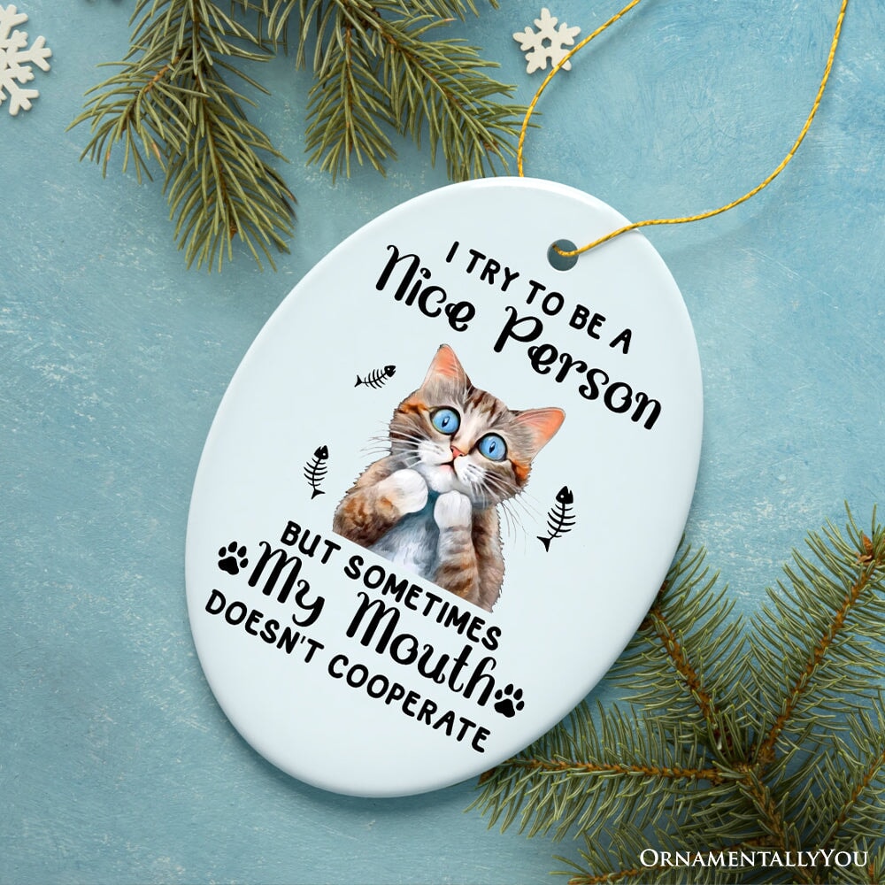Funny Cat Trying to be a Nice Person, Cute and Funny Christmas Gift Ceramic Ornament OrnamentallyYou