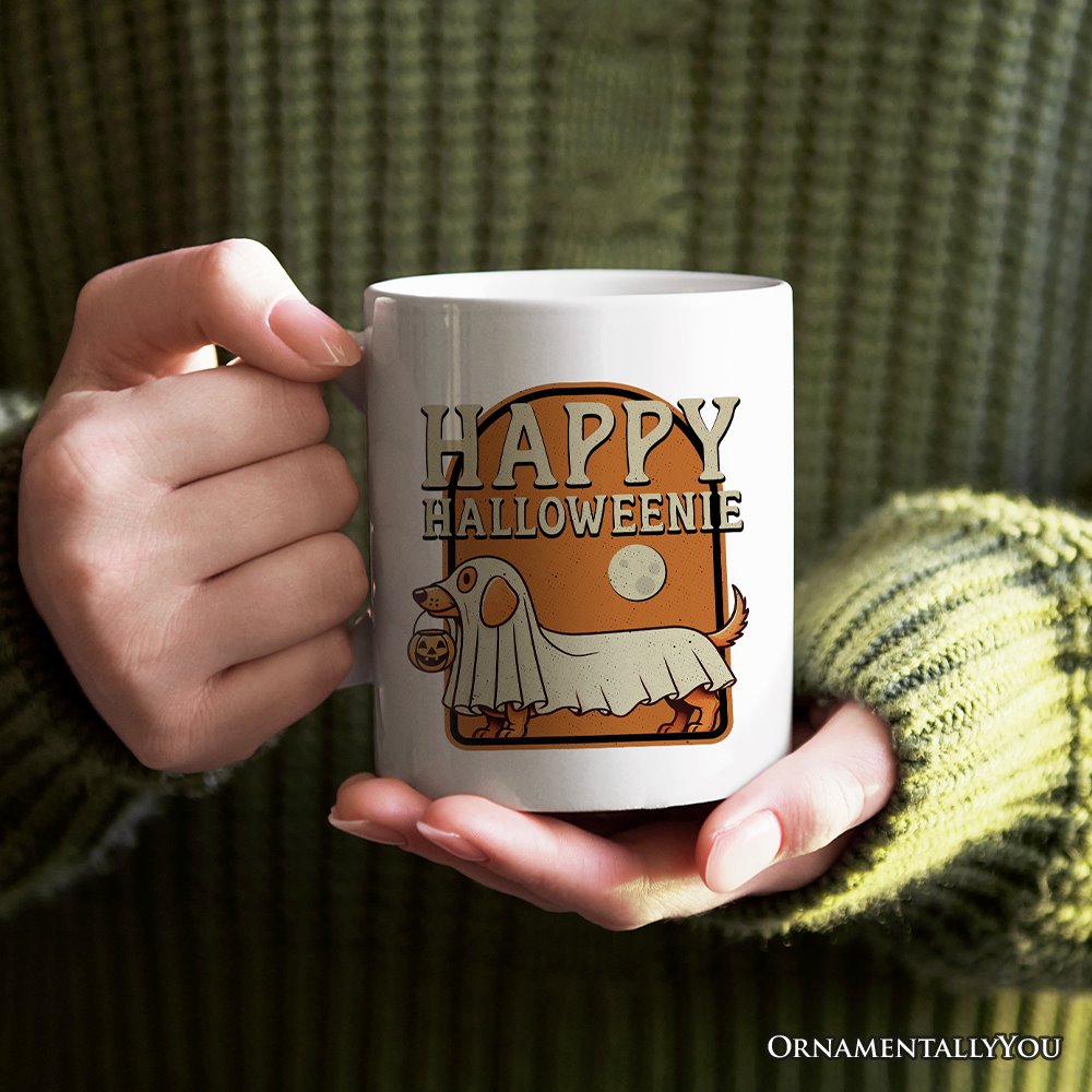 Happy Halloweenie, Personalized Halloween Mug, Retro Halloween Dachshund Gift with Custom Name Personalized Ceramic Mug OrnamentallyYou 12oz Mug Non-Custom