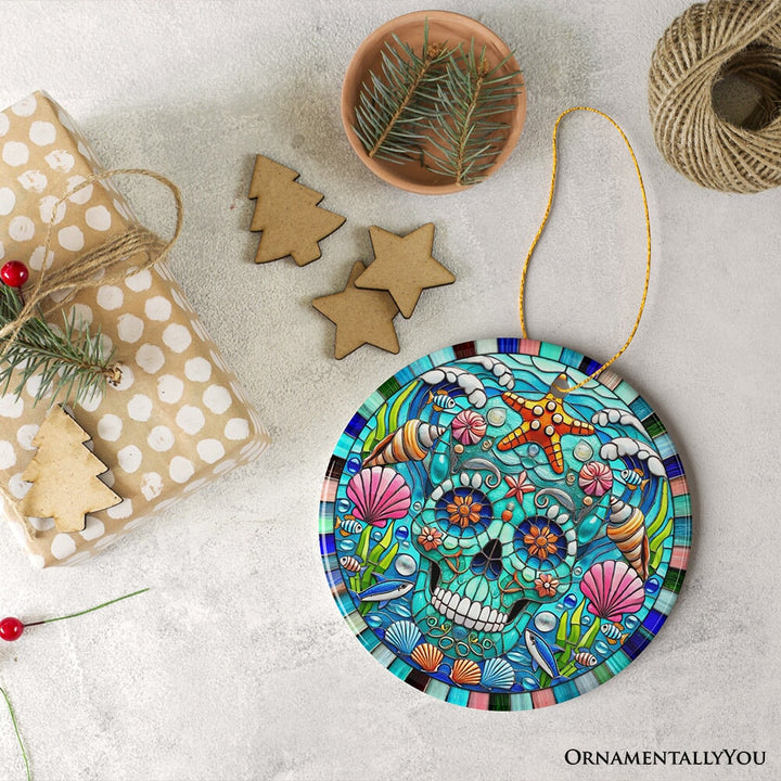 Oceanic Oasis Sugar Skull Stained Glass Style Ornament, Marine Wonder Christmas Gift and Decor Ceramic Ornament OrnamentallyYou