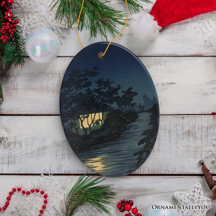 Semi-Traditional Japanese Painting Ornament, Kiyochika Kobayashi Fireflies on the Kinu River Ceramic Ornament OrnamentallyYou