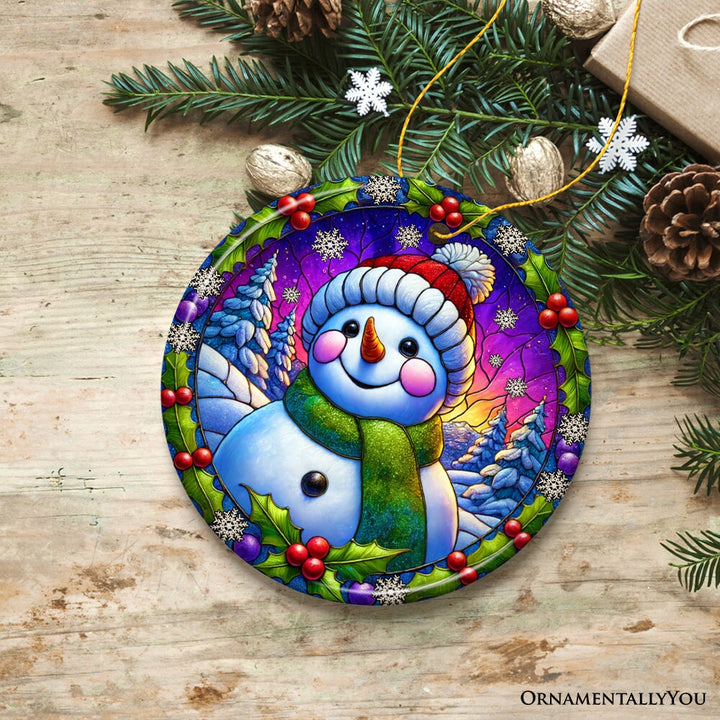 Snowman with Holly Stained Glass Style Ceramic Ornament, Christmas Gift and Decor Ceramic Ornament OrnamentallyYou
