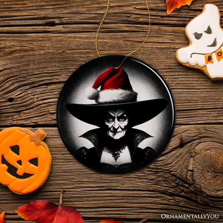 Spooky Witch with Santa Hat Ceramic Ornament, Halloween Themed Christmas Gift and Decor Ceramic Ornament OrnamentallyYou