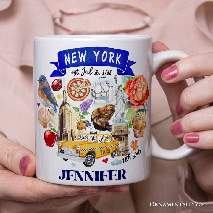 Artistic New York State Themes and Landmarks Personalized Mug With Custom Name Personalized Ceramic Mug OrnamentallyYou