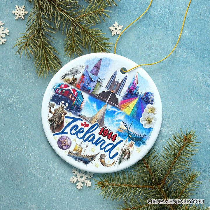 Artistically Majestic Iceland Landmarks Ornament, Cultural Norse and Viking Christmas Gift and Reykjavik Souvenir Ceramic Ornament OrnamentallyYou