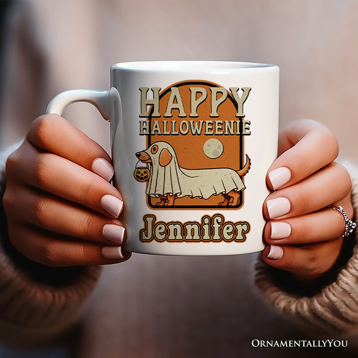 Happy Halloweenie, Personalized Halloween Mug, Retro Halloween Dachshund Gift with Custom Name Personalized Ceramic Mug OrnamentallyYou