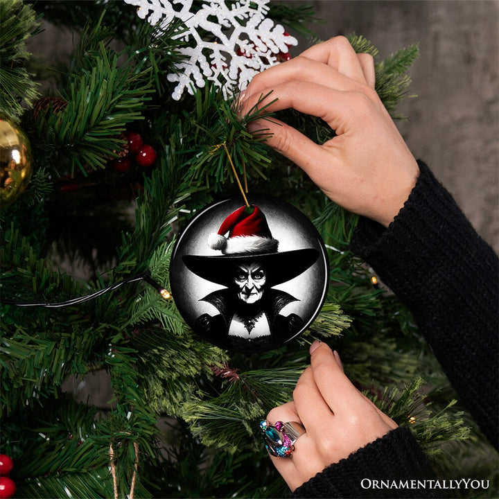 Spooky Witch with Santa Hat Ceramic Ornament, Halloween Themed Christmas Gift and Decor Ceramic Ornament OrnamentallyYou