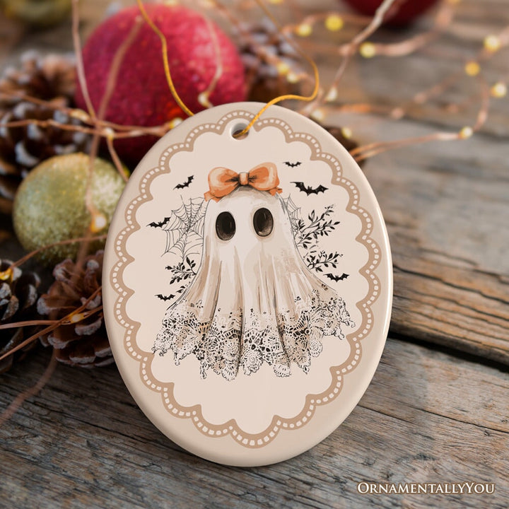 Coquette Ghost Ornament, Cute Halloween Gift and Decor for Girly Ghouls Ceramic Ornament OrnamentallyYou