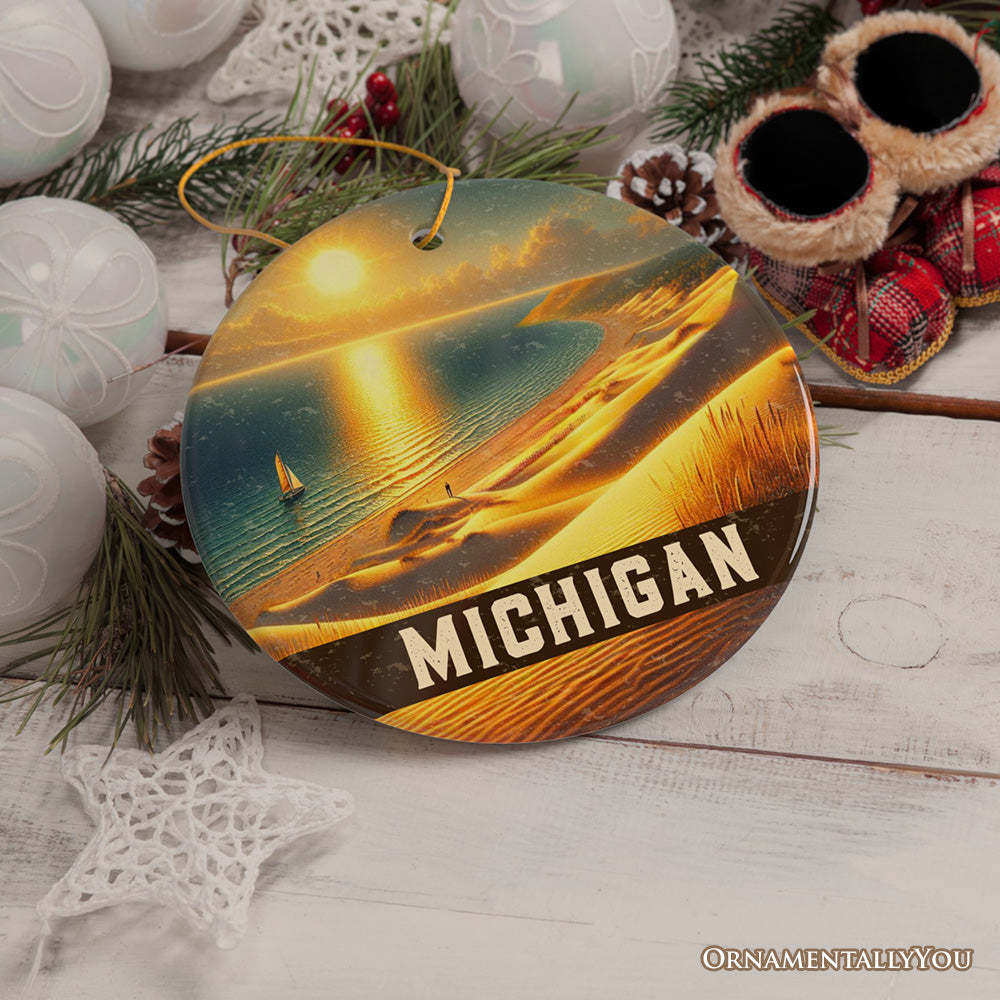 Scenic Michigan Sleeping Bear Dunes Ornament, Great Lakes Sunset Gift and Coastal Christmas Souvenir