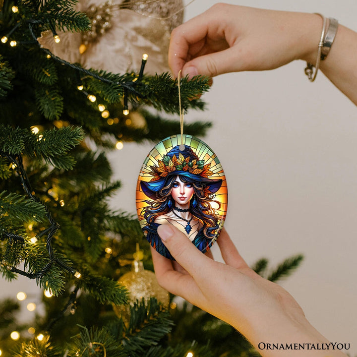 Enchanting Autumn Witch Ornament, Witchy Fall Girl Gift and Decor Ceramic Ornament OrnamentallyYou