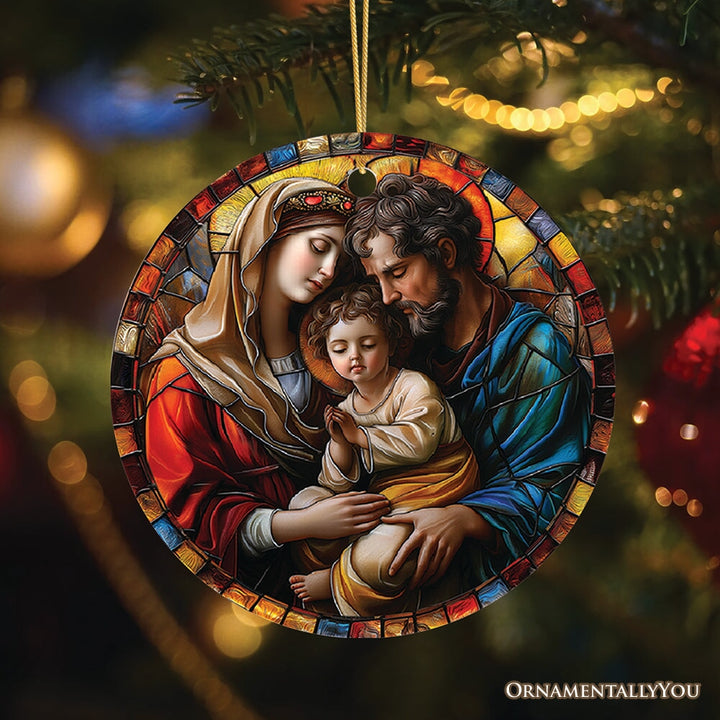 The Holy Embrace Stained Glass Themed Ceramic Ornament, Birth of Jesus Nativity Scene with Joseph and Mary Ceramic Ornament OrnamentallyYou