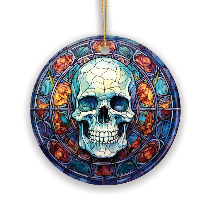Ghastly Grin Spooky Halloween Skull Stained Glass Style Ceramic Ornament, Halloween Themed Christmas Gift and Decor Ceramic Ornament OrnamentallyYou
