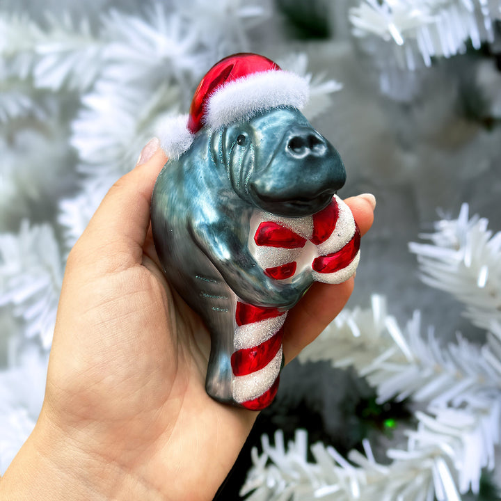 (Pre-Order) Aquatic Manatee Glass Christmas Ornament, Sea Cow Coastal Ocean Animal Holiday Decoration Glass Ornament OrnamentallyYou