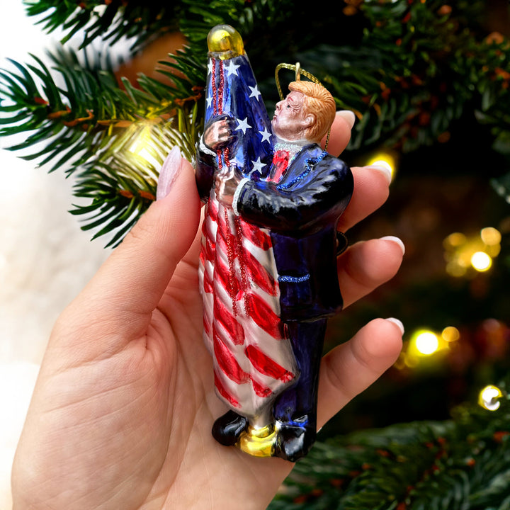 Donald Trump Kissing the American Flag Glass Christmas Ornament, United States President OrnamentallyYou
