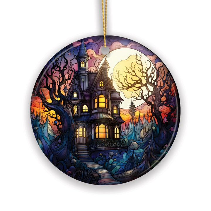 Haunted House Amidst Spooky Woods Stained Glass Style Ceramic Ornament, Halloween Themed Christmas Gift and Decor Ceramic Ornament OrnamentallyYou