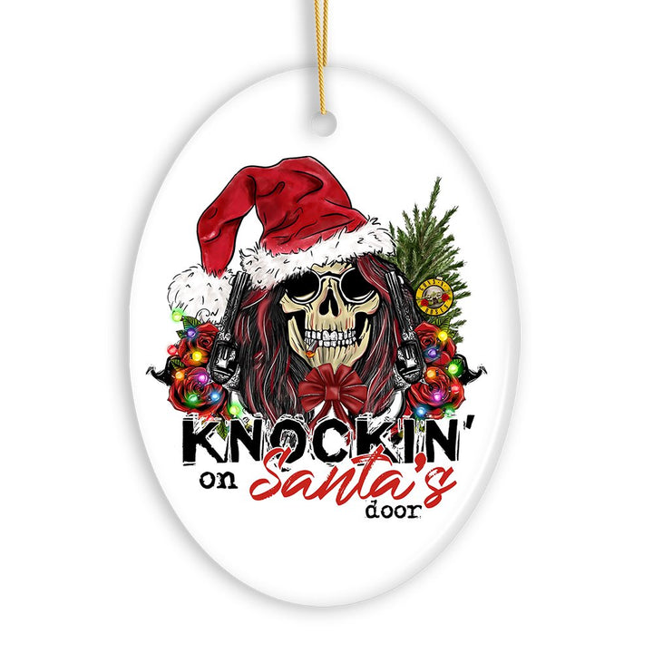 Knockin on Santa’s Door Gritty Rock Style Christmas Ornament, Rebellious Gunslinger Skull and Roses Ceramic Ornament OrnamentallyYou