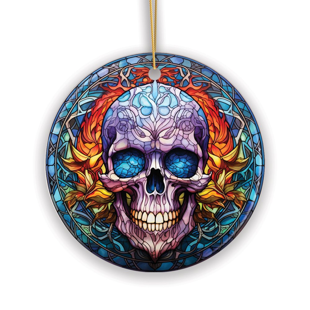 Grim Guardian Haunting Skull Stained Glass Style Ceramic Ornament, Halloween Themed Christmas Gift and Decor Ceramic Ornament OrnamentallyYou