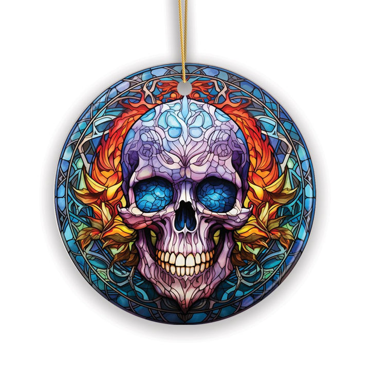 Grim Guardian Haunting Skull Stained Glass Style Ceramic Ornament, Halloween Themed Christmas Gift and Decor Ceramic Ornament OrnamentallyYou