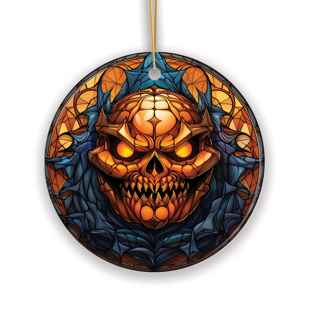 Pumpkin Skull with Glowing Red Eyes Stained Glass Style Ceramic Ornament, Halloween Themed Christmas Gift and Decor Ceramic Ornament OrnamentallyYou
