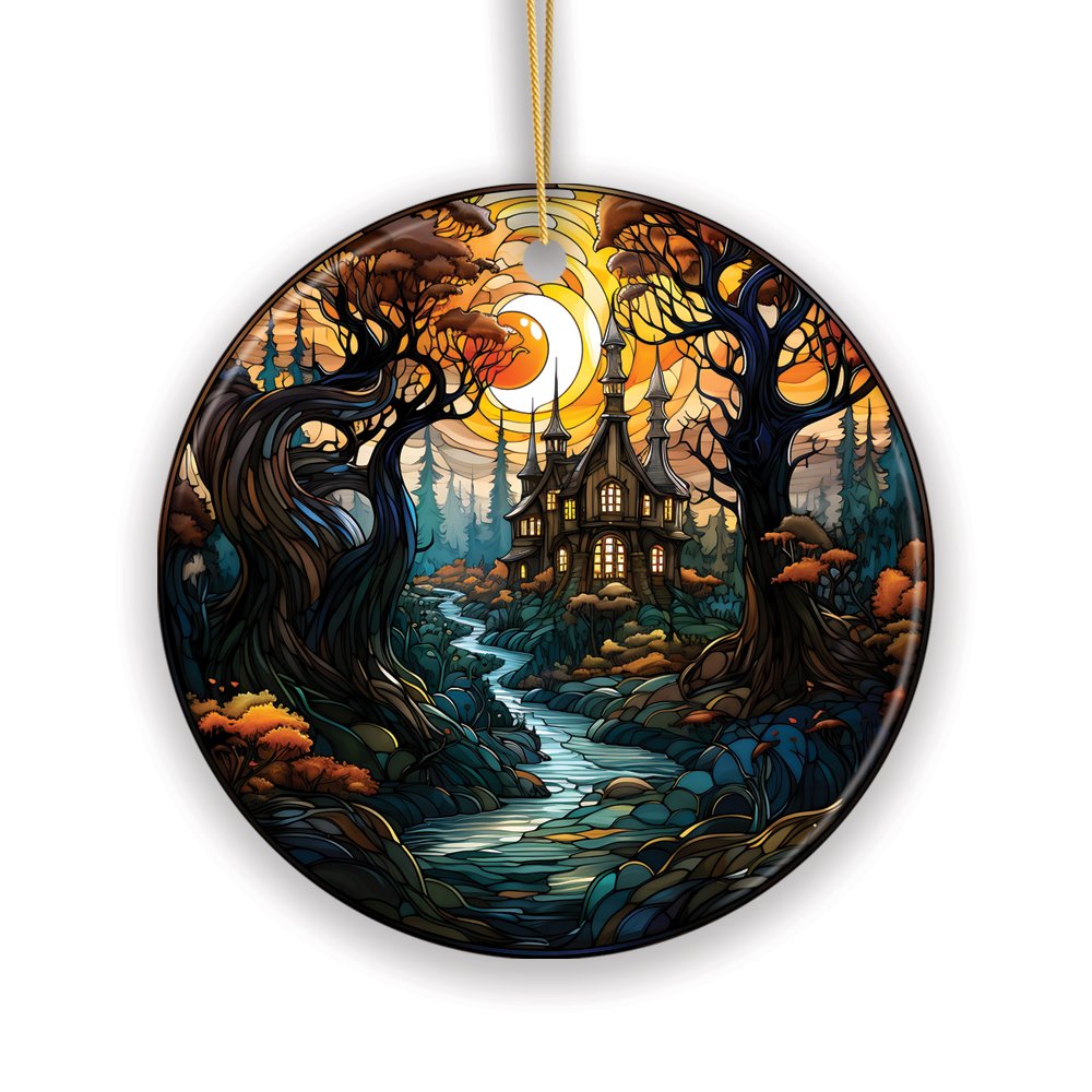 Sinister Manor Haunted House Stained Glass Style Ceramic Ornament, Halloween Themed Christmas Gift and Decor Ceramic Ornament OrnamentallyYou
