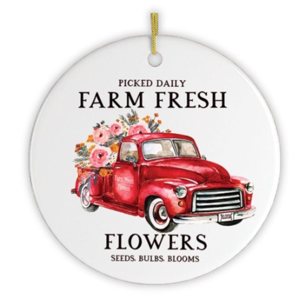 Artistic Red Truck and Farm Flowers Christmas Ornament Ceramic Ornament OrnamentallyYou