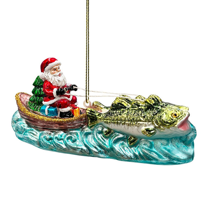 Santa's Fishing Adventure Glass Christmas Ornament, Holiday Angler Fish in Sleigh Glass Ornament OrnamentallyYou