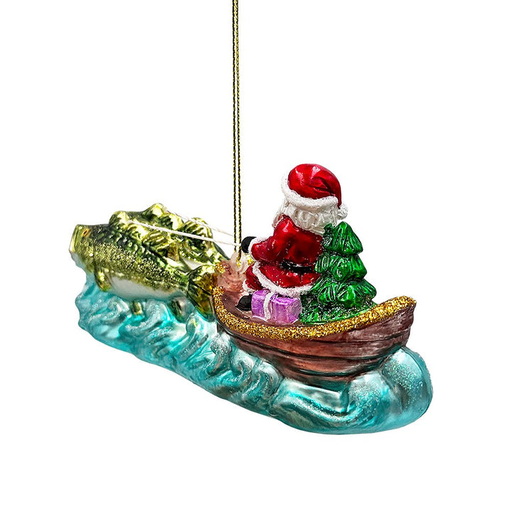Santa's Fishing Adventure Glass Christmas Ornament, Holiday Angler Fish in Sleigh Glass Ornament OrnamentallyYou