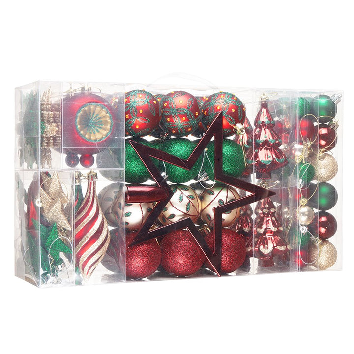 Alluring Large Christmas Ornament Set, Unique Red Green and Gold Baubles, 92 Charms and Snow Covered Trees with Dark Red Tree Topper Ornament Bundle OrnamentallyYou