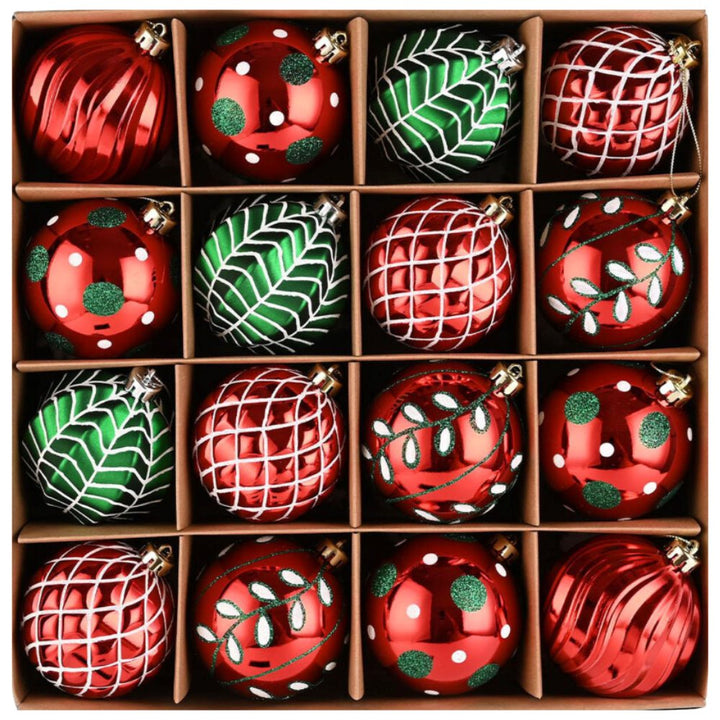 Festive Christmas Ornament Bundle, 16 Red and Green Glittered Baubles Ornament Bundle OrnamentallyYou