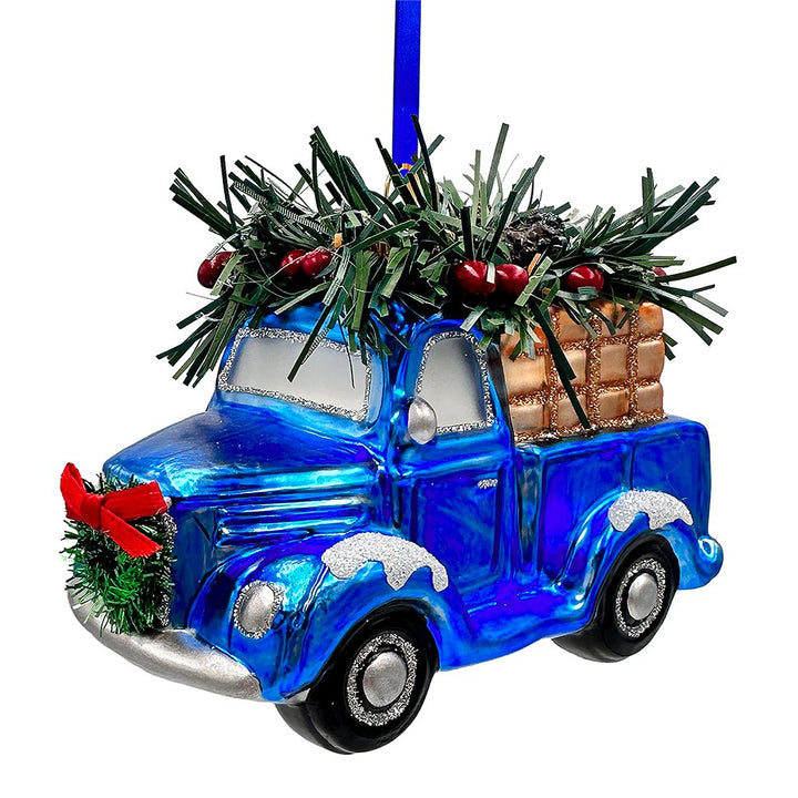 A Marvelous Blue Christmas Set of Four Glass Ornaments with Santa, Truck, Snow Cabin and Sleigh Ornament Bundle OrnamentallyYou