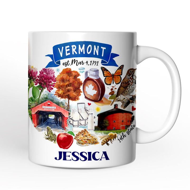 Artistic Vermont State Themes and Landmarks Personalized Mug With Custom Name Personalized Ceramic Mug OrnamentallyYou
