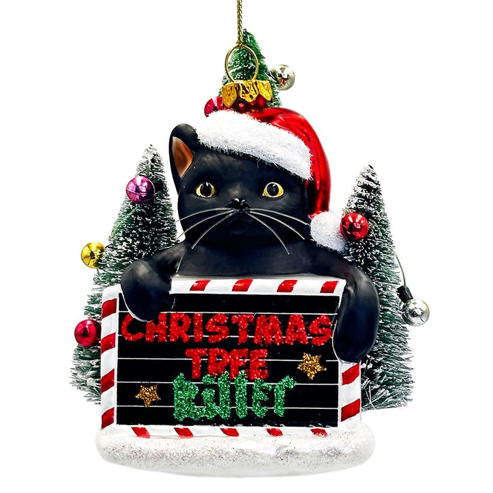 Christmas Tree Killer Funny Black Cat Glass Christmas Ornament, Whimsical Funny Tree Decor Glass Ornament OrnamentallyYou