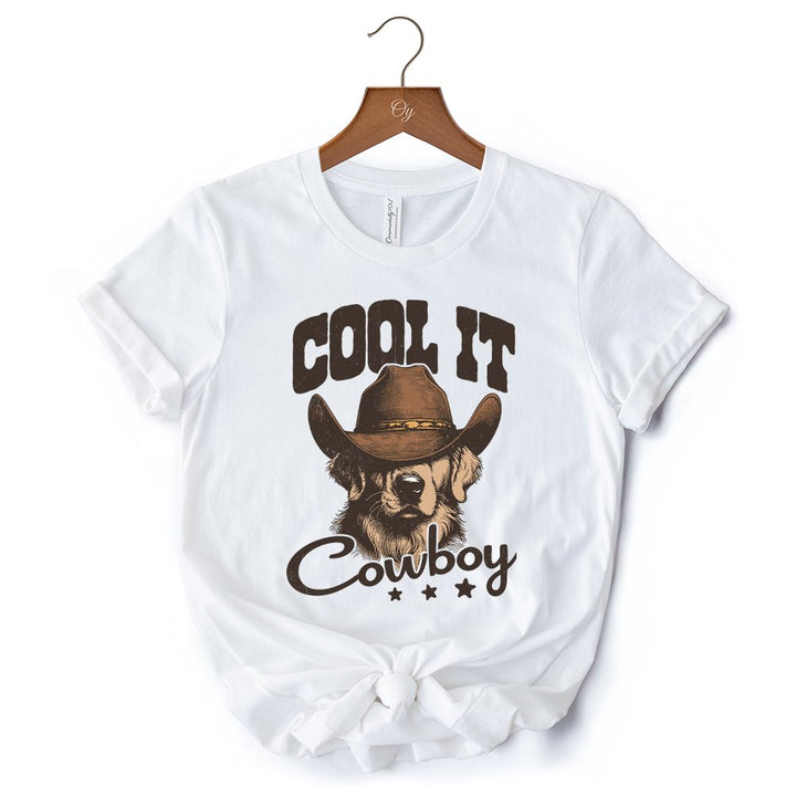 Cool It Cowboy T-Shirt With Western Dog, Retro Golden Retriever White and Natural Tee for Country Lover T-Shirts OrnamentallyYou