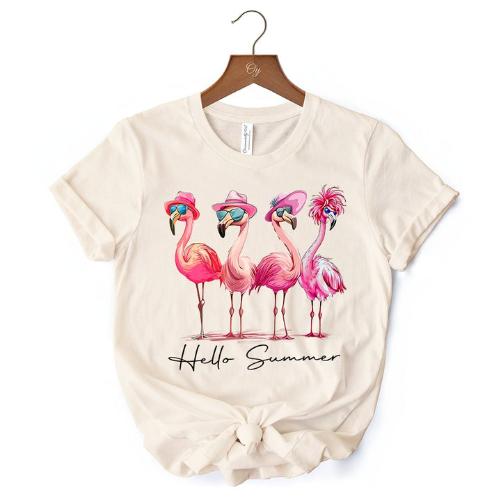 Flamingo Hello Summer T-Shirt, White and Natural Retro Tee with Tropical Birds T-Shirts OrnamentallyYou
