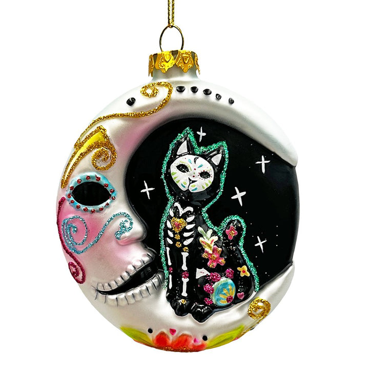 Folkloric Siamese Cat Sugar Skull Glass Ornament, Celestial Crescent Moon Halloween Decor Glass Ornament OrnamentallyYou