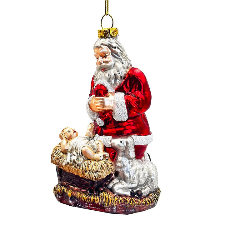 Innocent Santa and Baby Jesus Handblown Glass Christmas Ornament, Nativity Christian Holiday Decor Glass Ornament OrnamentallyYou