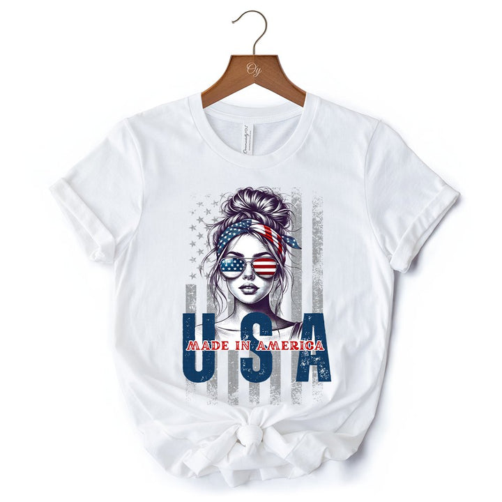 Made in America Messy Bun T-Shirt, Retro 4th of July White Patriotic Tee T-Shirts OrnamentallyYou