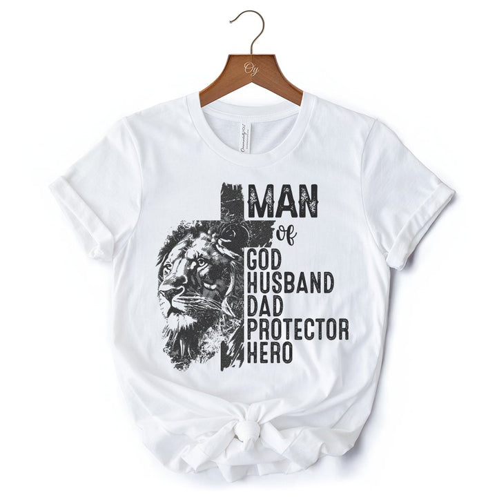 Man of God Lion Cross T-Shirt, White Tee for Faithful and Christian Fathers T-Shirts OrnamentallyYou