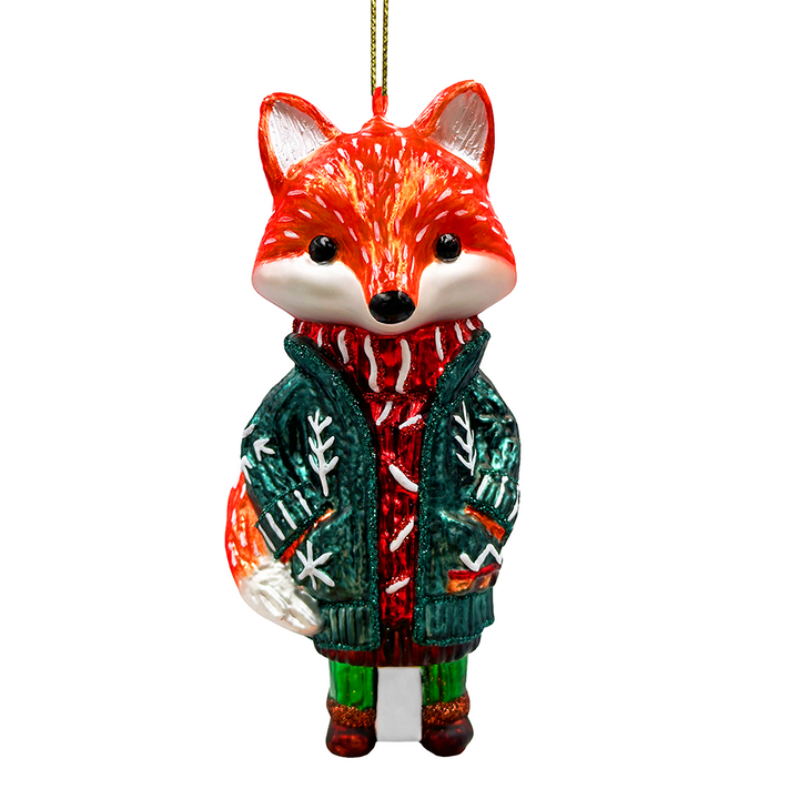 Red Nordic Fox in Sweater Glass Ornament, Scandinavian Christmas Tree Decor