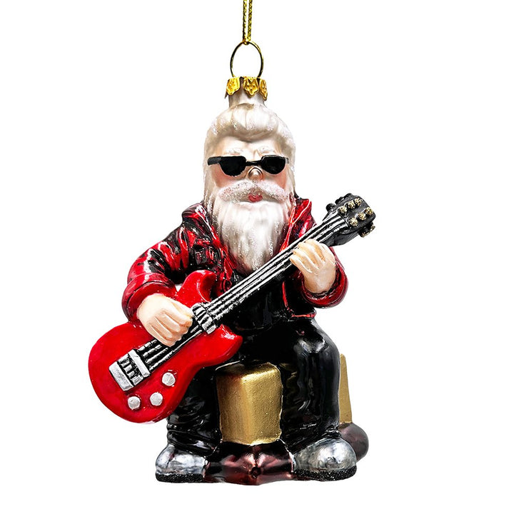 Rock Guitarist Santa Claus Glass Christmas Ornament, Rocker Musician Gift Glass Ornament OrnamentallyYou