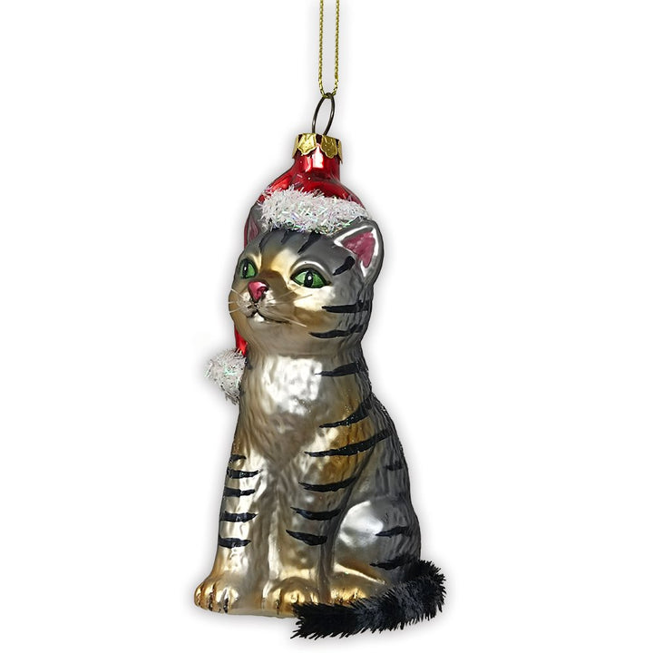 Tabby Cat with Santa Hat Glass Christmas Ornament Glass Ornament OrnamentallyYou