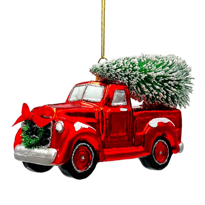 Traditional Red Truck with Ornamental Tree Glass Christmas Ornament Glass Ornament OrnamentallyYou