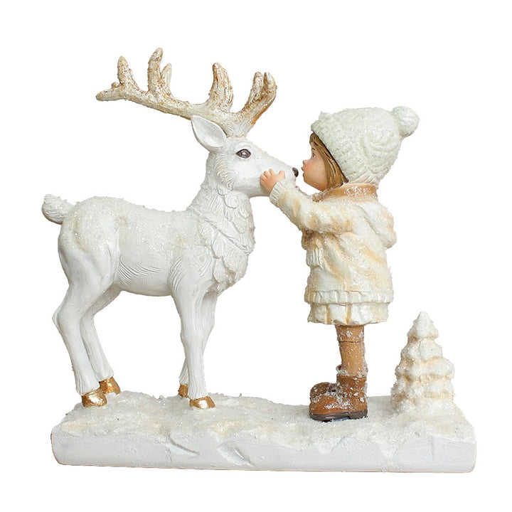 Charming Deer and Little Girl Figurine, 7.5" Vintage Christmas Garden Statue Resin Statues OrnamentallyYou