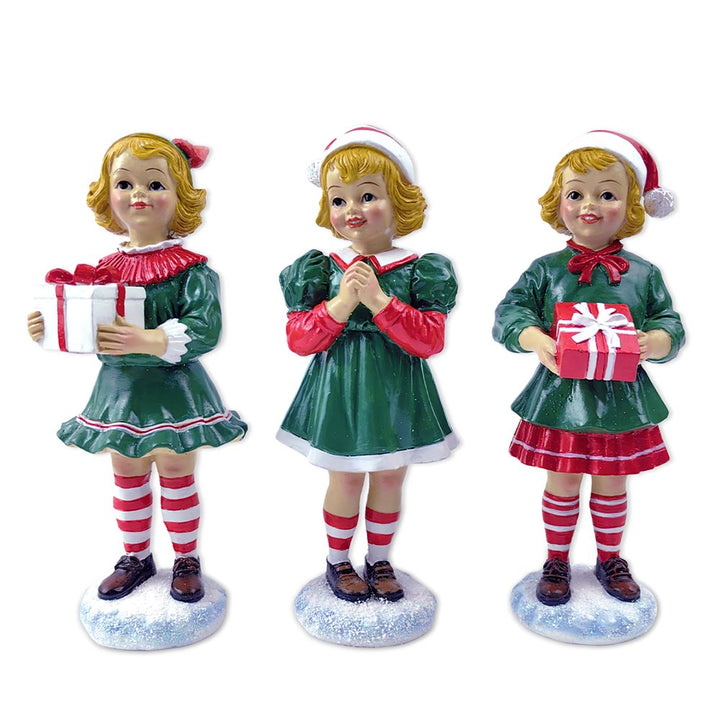 Elegant Victorian Christmas Girl Set of Three Figurines, 6" Holiday Home Decor Resin Statues OrnamentallyYou