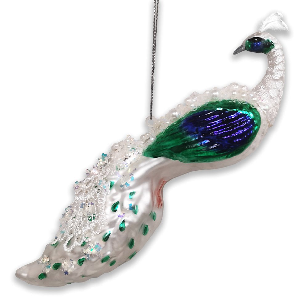 Elegant Winter Peacock Glass Christmas Ornament Glass Ornament OrnamentallyYou